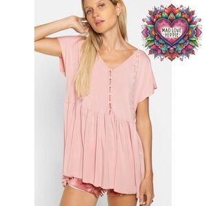 POL Pink Rayon V Neck Half Button Short Sleeve Babydoll Tunic Top